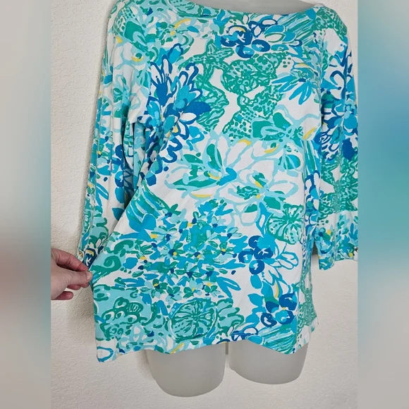 Lilly Pulitzer Juline Top Resort White In A Pinch Green Blue Floral Boatneck L - Picture 7 of 11